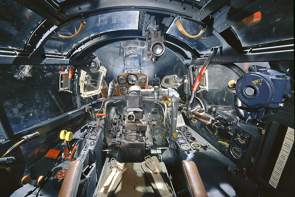 An interior view of the “Blitz” bomber’s cockpit reveals its high-tech layout and the panoramic view afforded by its plexiglass nose. (NASM)