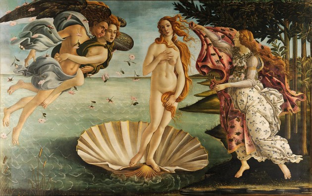 Botticelli, "Birth of Venus," ca. 1484-86. Tempera on canvas. 172.5 cm × 278.9 cm (67.9 in × 109.6 in). Uffizi, Florence (image via Wikipedia)