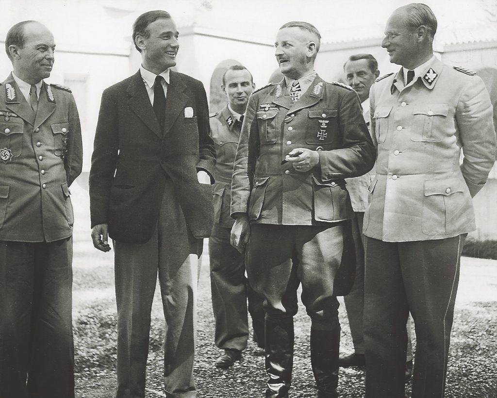 Dulles’s assistant, Gero von Schulze-Gaevernitz (second from left), thanks German of officers for their cooperation during the surrender. Vietinghoff is at center, Wolff at right. (OSS Archives/National Archives)