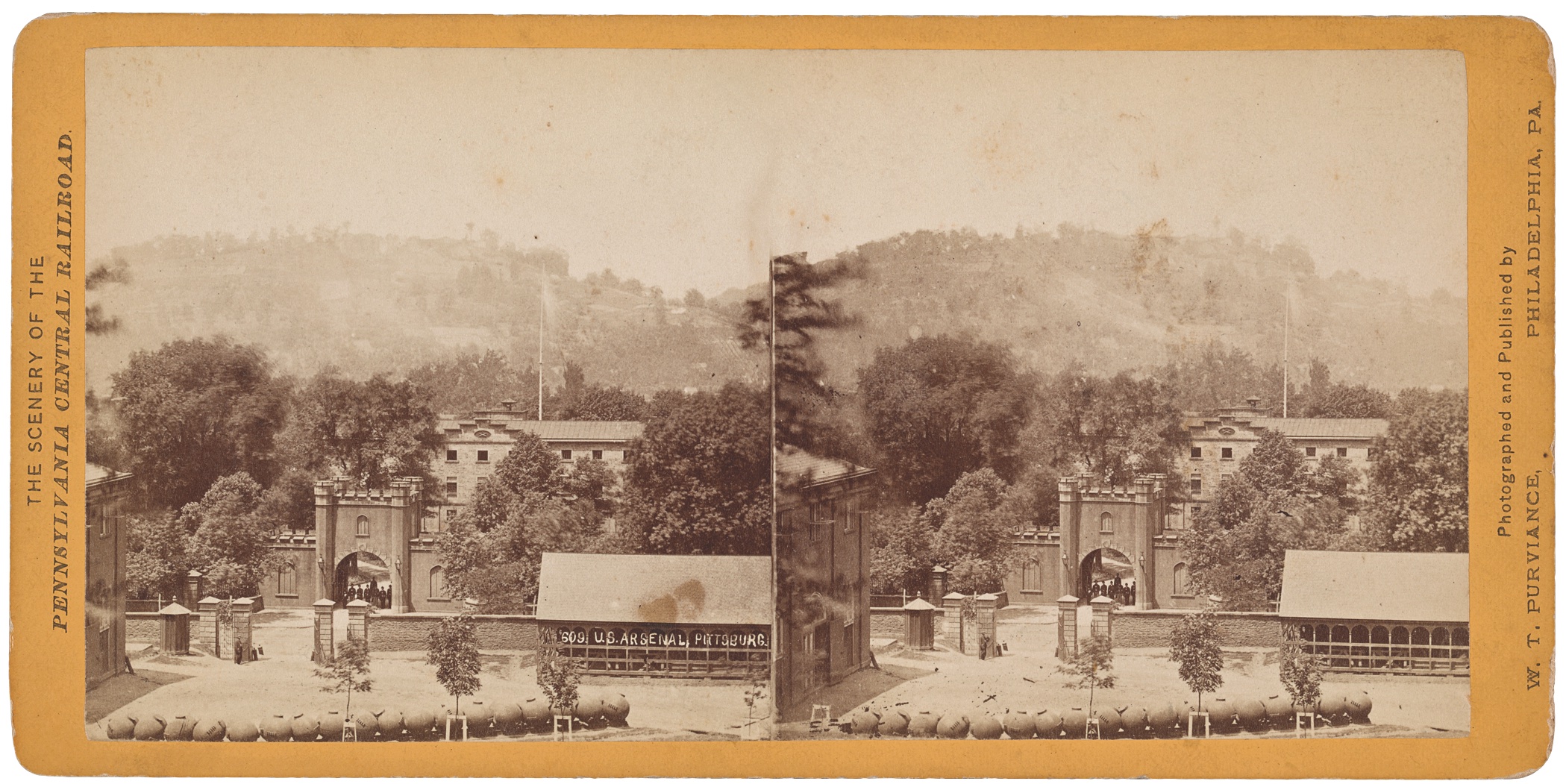 From its main gate along Penn Avenue, the arsenal followed the downward slope of the land until it reached the Allegheny River. The heights in the distance are on the river’s north bank. Though most of the arsenal is long gone, artillery shells are still occasionally found. (New York Public Library Digital Collections)