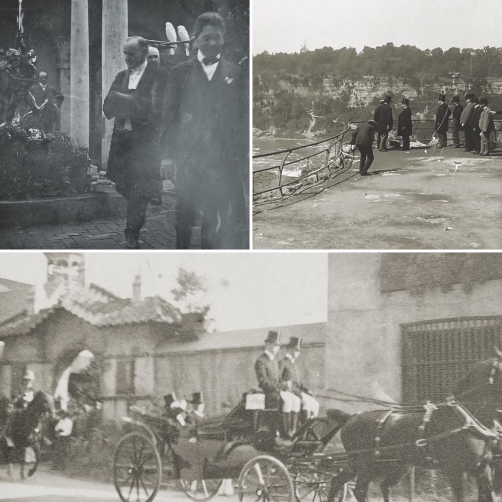 Clockwise from left, Banker C.J. Waddell, an amateur lensman, composed and exposed a creditable image of the presidential carriage outside the Mission building; McKinley, hat doffed, by his staff photographer Frances Benjamin Johnston; and by Orrin E. Dunlap an image of McKinley and companions at a distance as they look out upon Niagara. (Courtesy of Tyler Bagwell; Alpha Stock/Alamy Stock Photo; Courtesy of Tyler Bagwell)