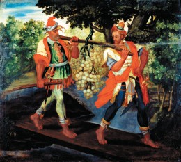 Joshua and Caleb carrying grapes, a fruit in the Bible